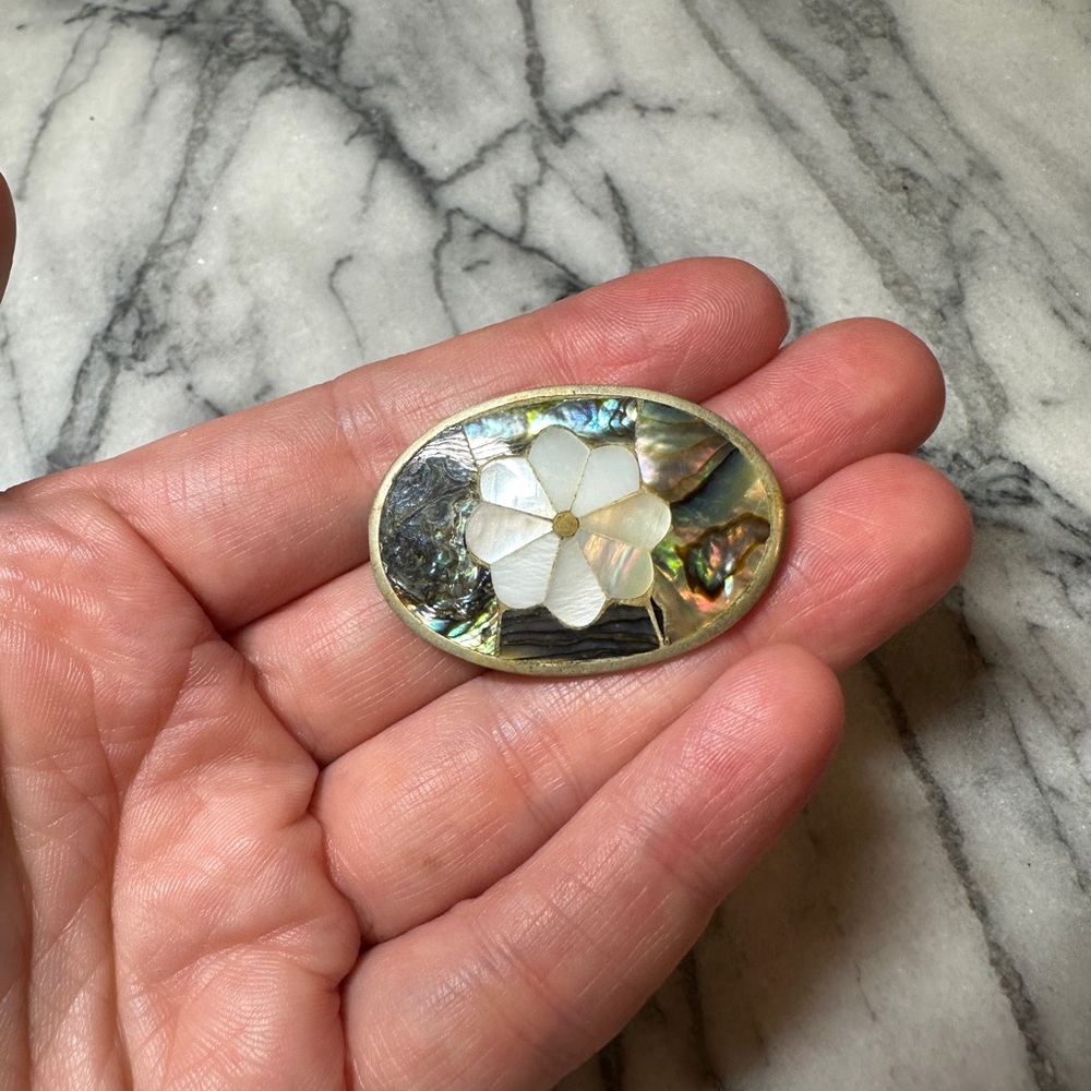 Vintage Mexico Alpaca Mother of Pearl Inlay Flower Brooch Pendant